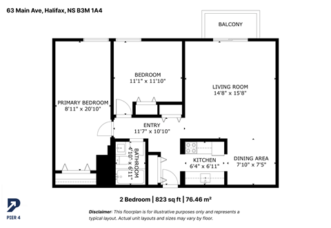 Floor plan for 2 beds, 1 bath, 823 sqft